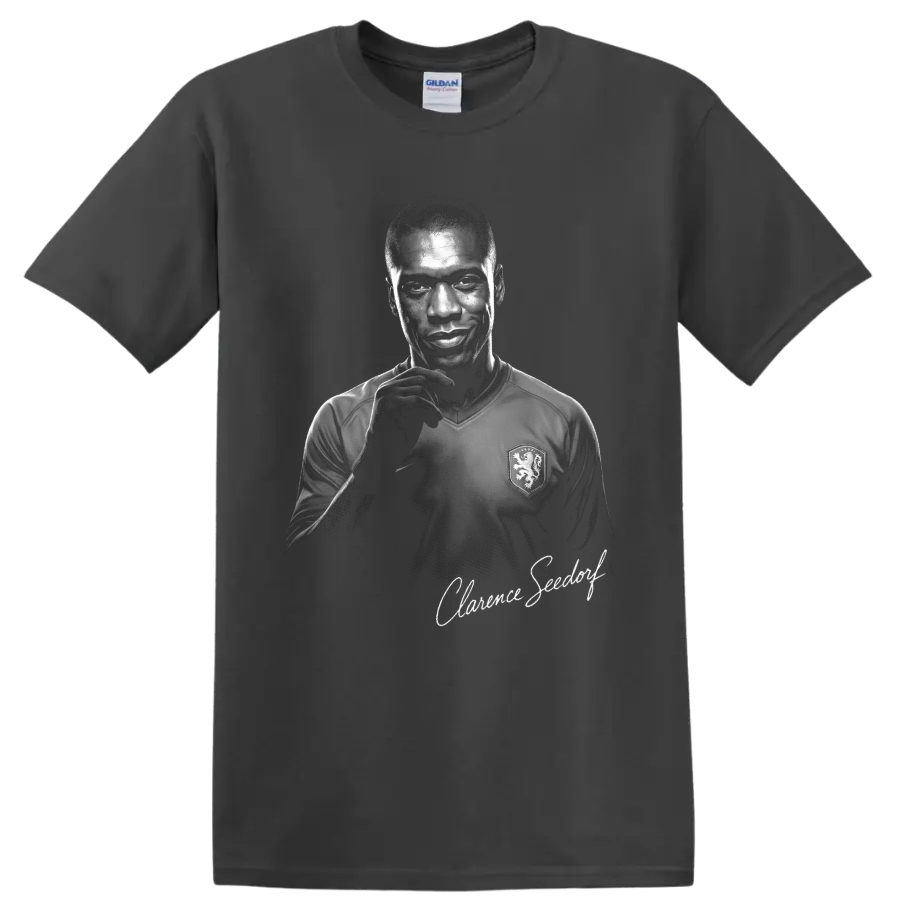Clarence Seedorf Netherlands soccer portrait in high-contrast monochrome signature art on a Charcoal T Shirt