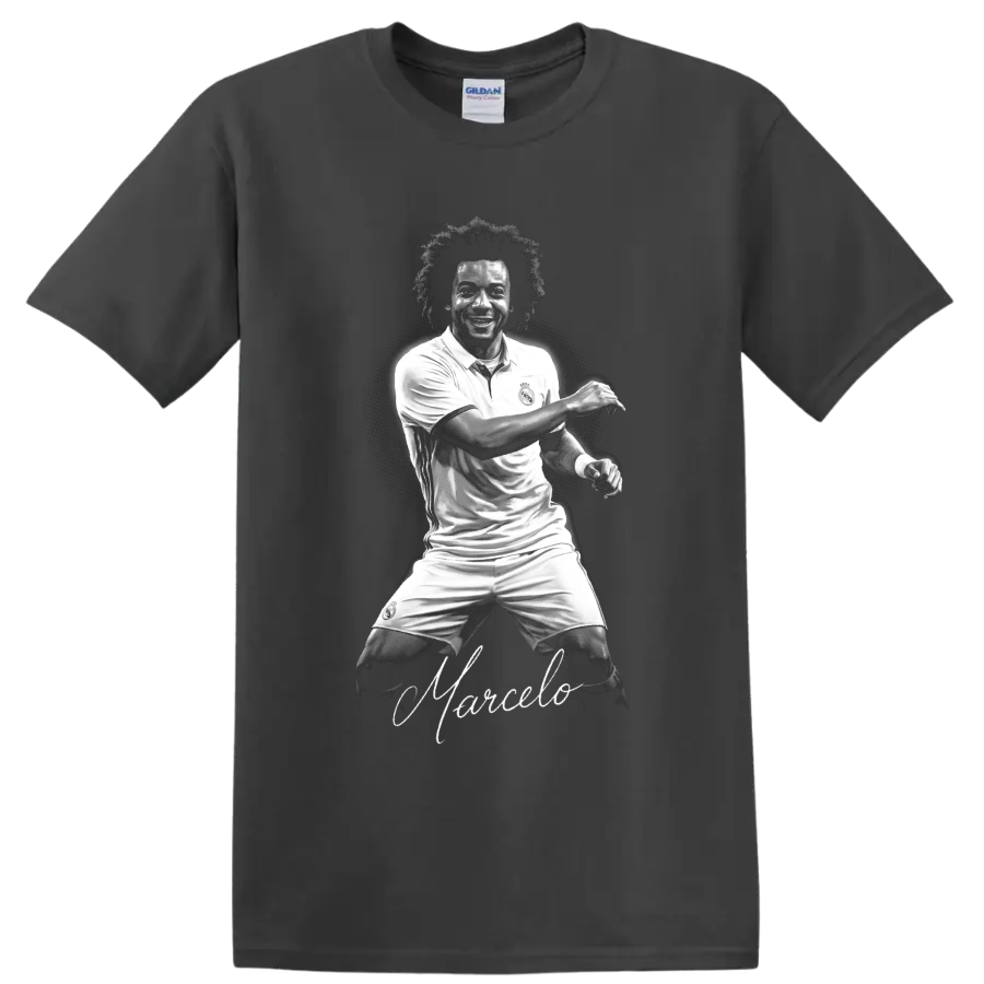 Marcelo Real Madrid soccer player monochrome portrait with signature-style Marcelo script on a Charcoal T Shirt