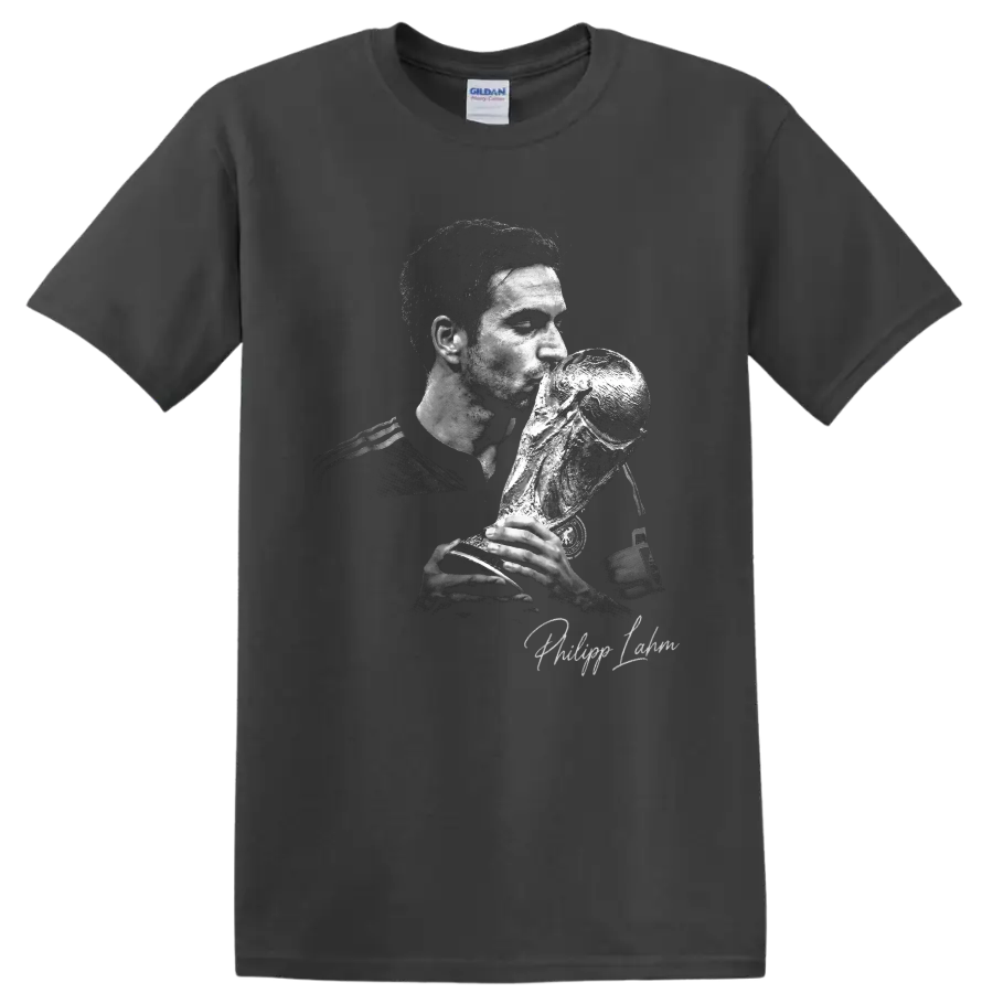 Philipp Lahm monochrome portrait kissing the World Cup trophy with signature text on a Charcoal T Shirt