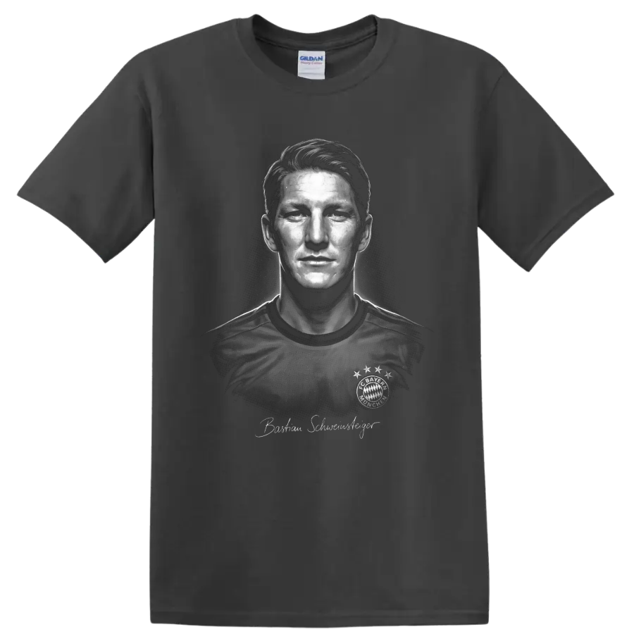 Bastian Schweinsteiger grayscale Bayern Munich soccer portrait with signature-style text on a Charcoal T Shirt