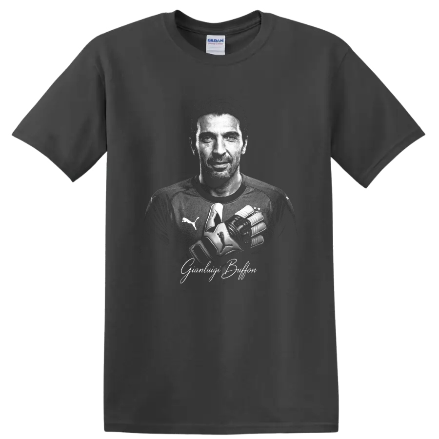 Gianluigi Buffon grayscale goalkeeper portrait with crossed gloves and signature lettering on a Charcoal T Shirt