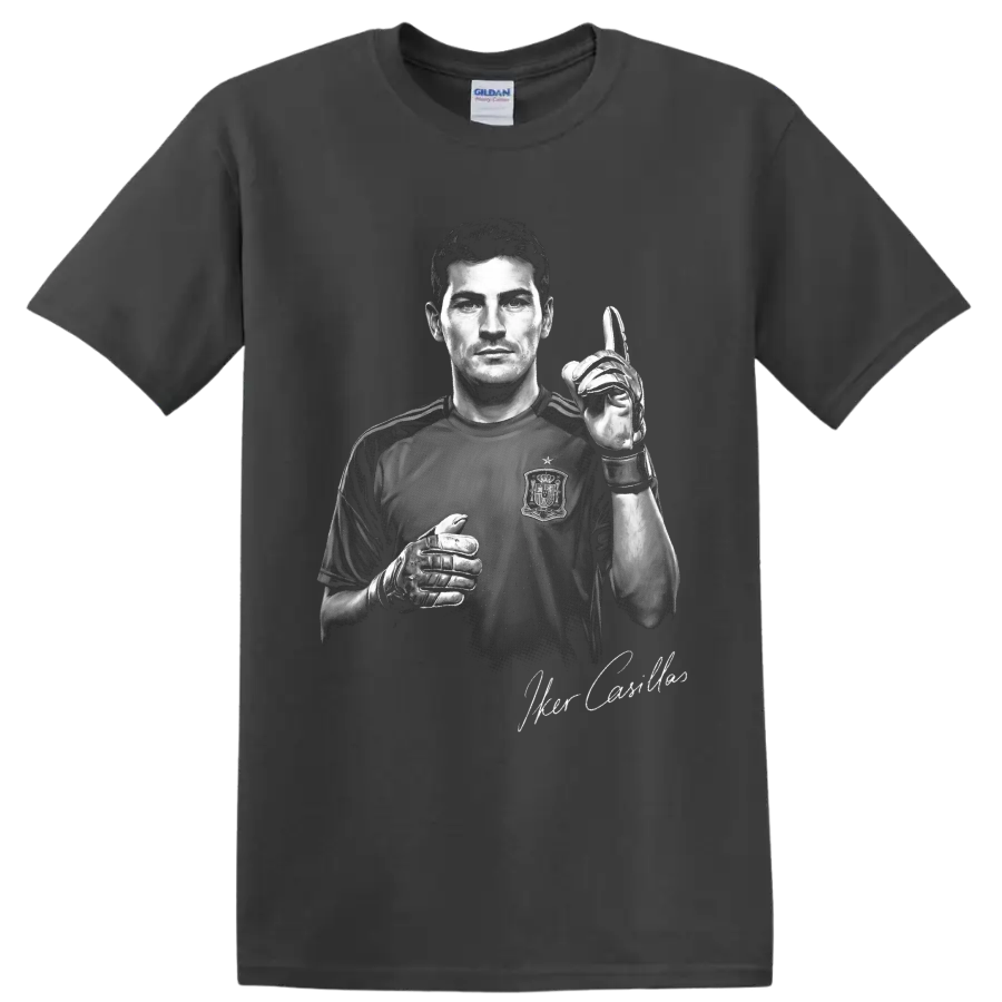 Iker Casillas grayscale goalkeeper portrait with gloves and signature-style lettering on a Charcoal T Shirt