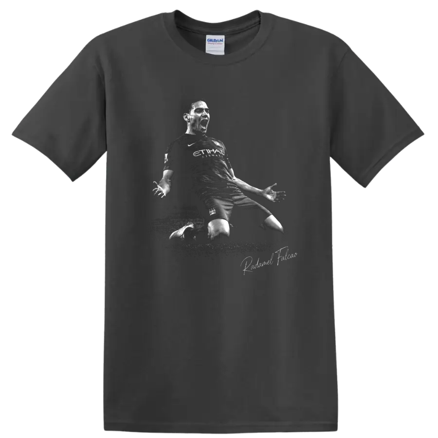 Radamel Falcao knee-slide soccer celebration in distressed black-and-white artwork on a Charcoal T Shirt
