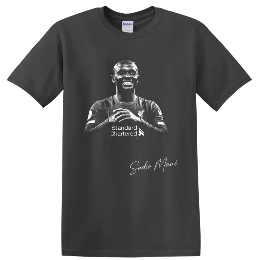 Sadio Mané Liverpool soccer portrait in high-contrast black-and-white with signature on a Charcoal T Shirt