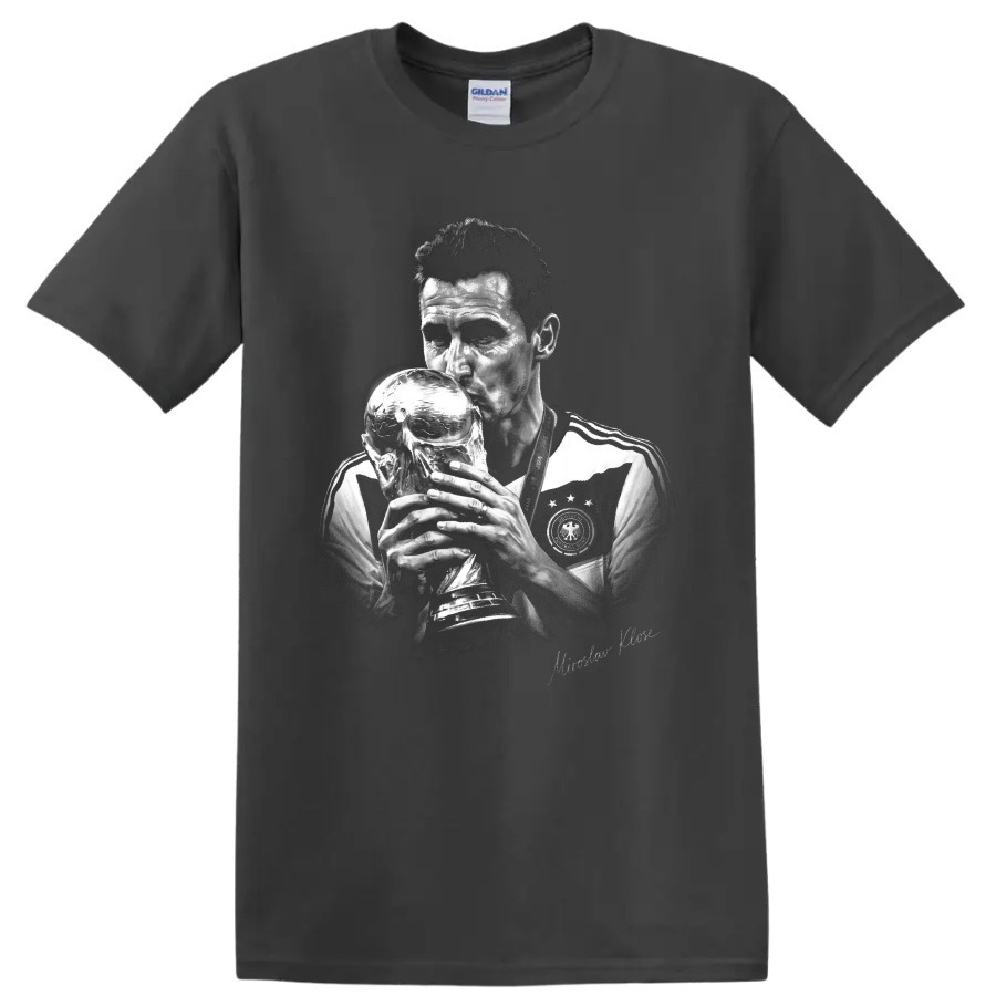 Miroslav Klose grayscale portrait kissing a trophy in a Germany soccer jersey on a Charcoal T Shirt