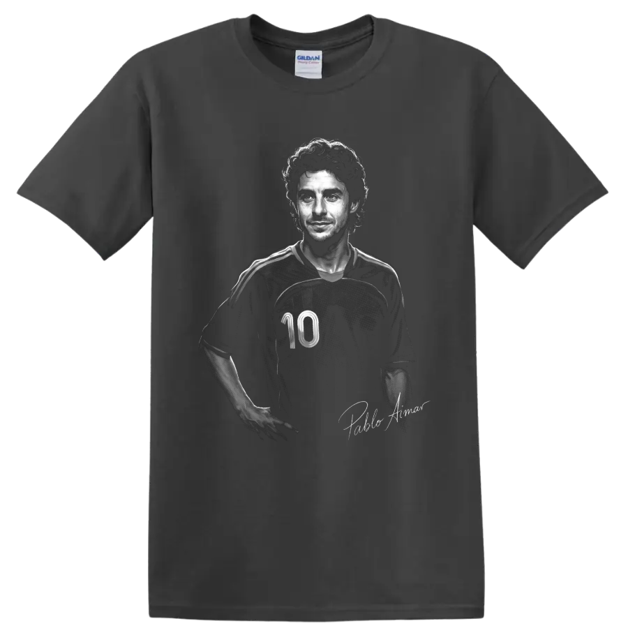 Pablo Aimar monochrome soccer portrait in number 10 jersey with signature-style text on a Charcoal T Shirt