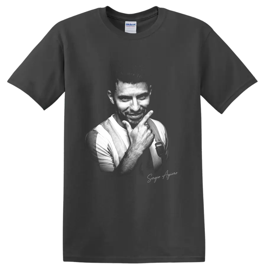 Sergio Agüero Argentina soccer portrait in vintage black-and-white graphic style on a Charcoal T Shirt