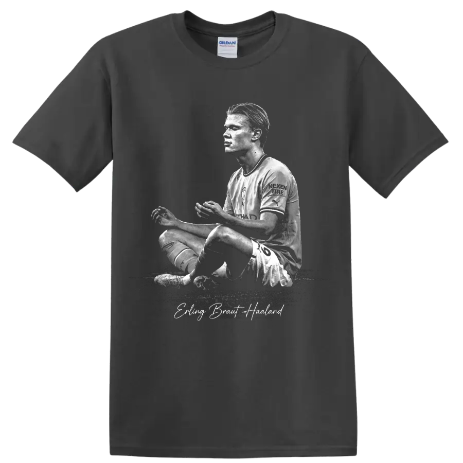 Erling Haaland grayscale seated soccer portrait with signature-style name text on a Charcoal T Shirt