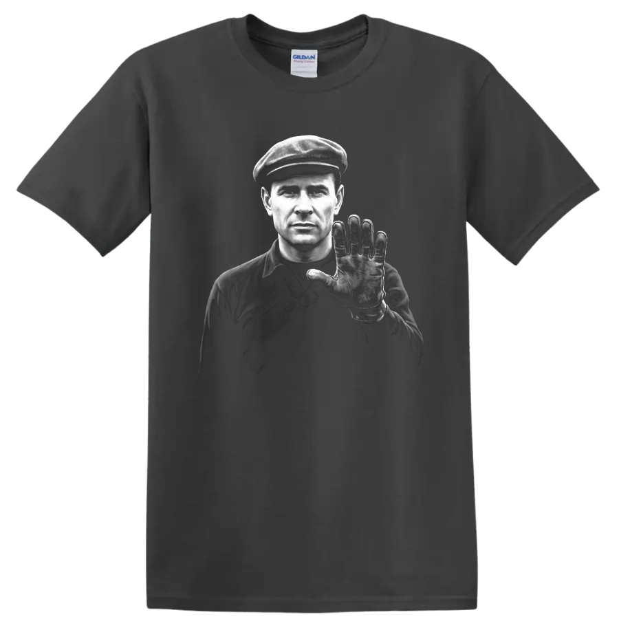 Lev Yashin monochrome goalkeeper portrait in cap with raised gloved hand on a Charcoal T Shirt