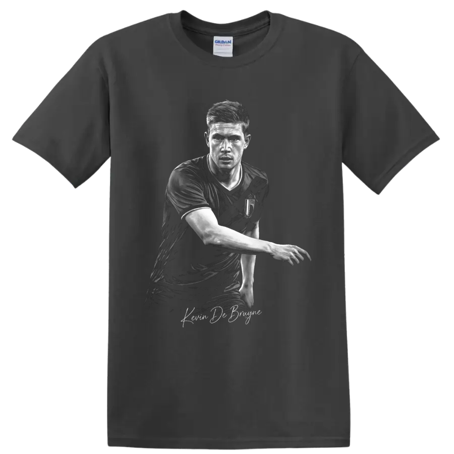 Kevin De Bruyne monochrome Belgium soccer portrait with signature-style lettering on a Charcoal T Shirt