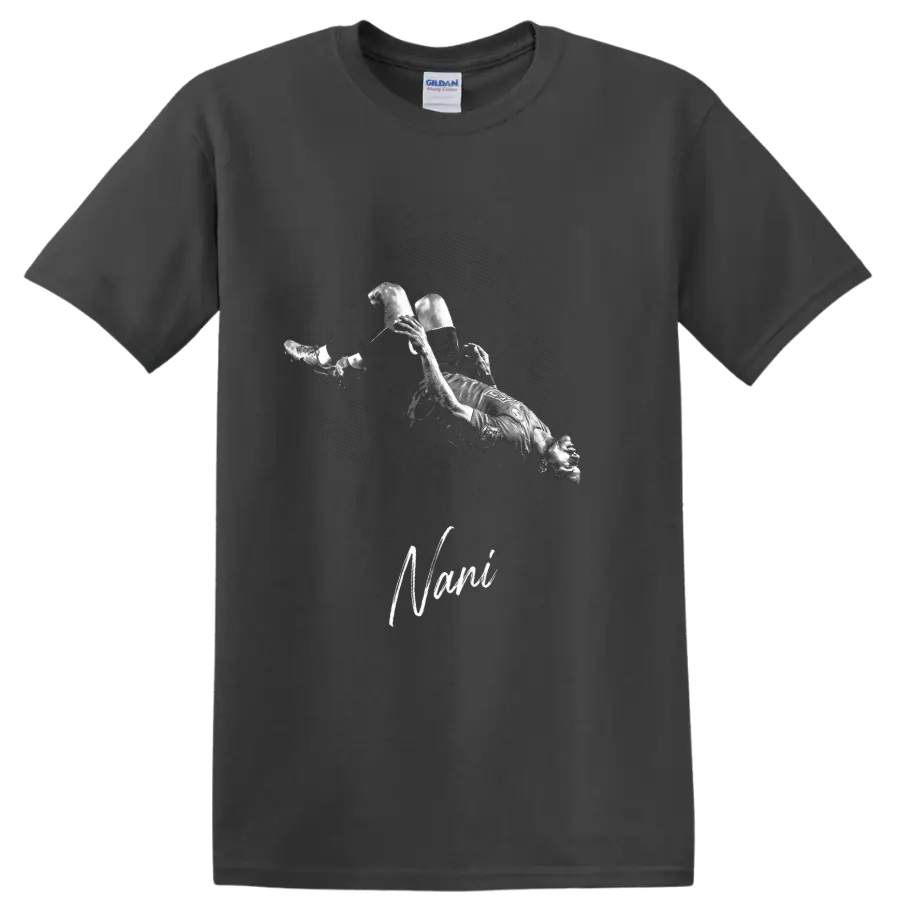 Nani performing a bicycle kick in distressed monochrome soccer artwork on a Charcoal T Shirt