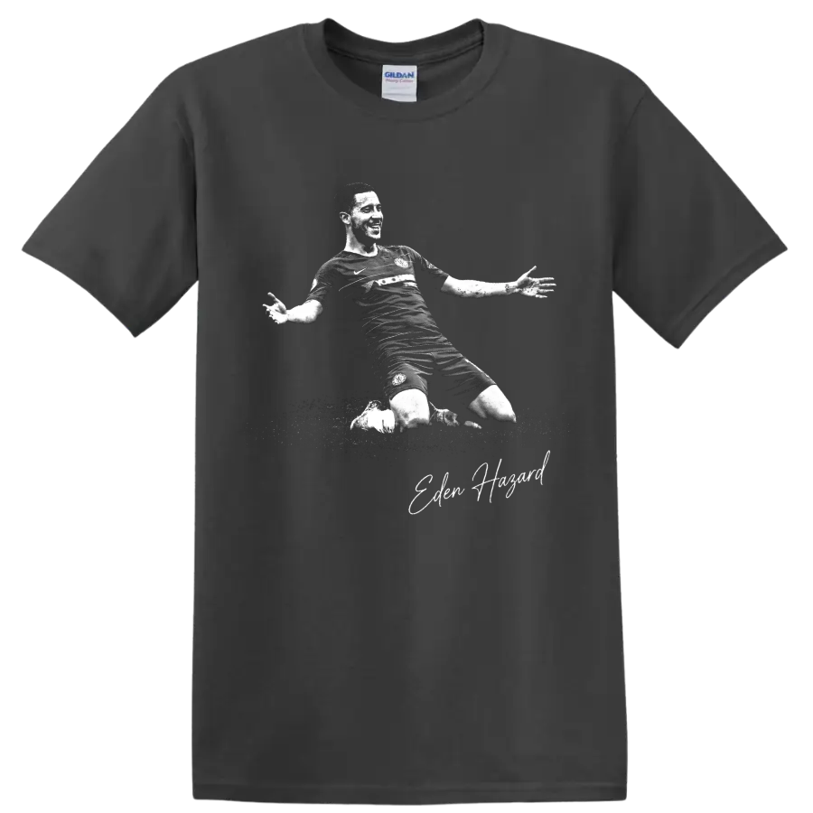 Eden Hazard knee-slide soccer celebration in distressed monochrome with signature detail on a Charcoal T Shirt