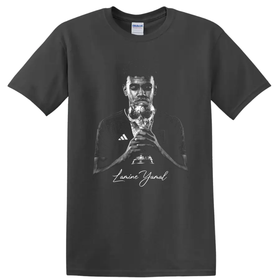 Lamine Yamal holding a championship trophy in distressed monochrome portrait art on a Charcoal T Shirt