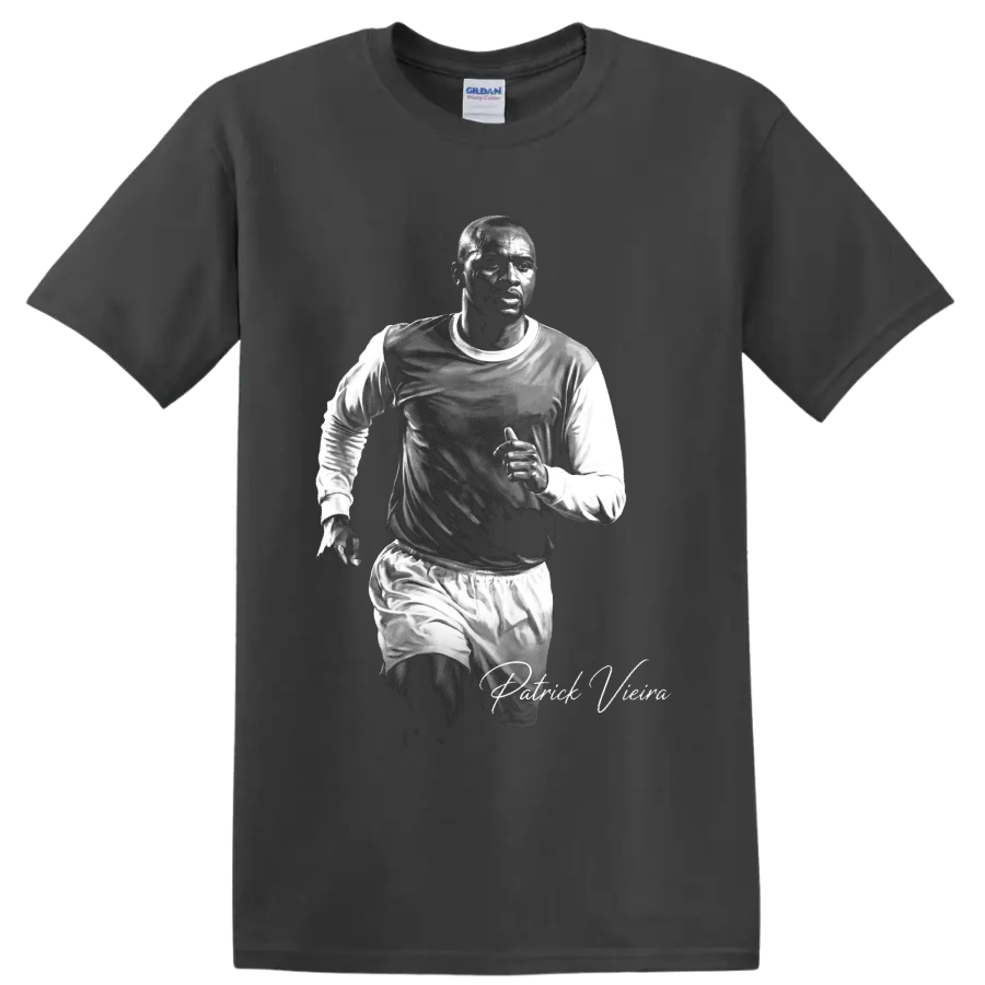 Patrick Vieira running soccer portrait in black-and-white with signature-style lettering on a Charcoal T Shirt