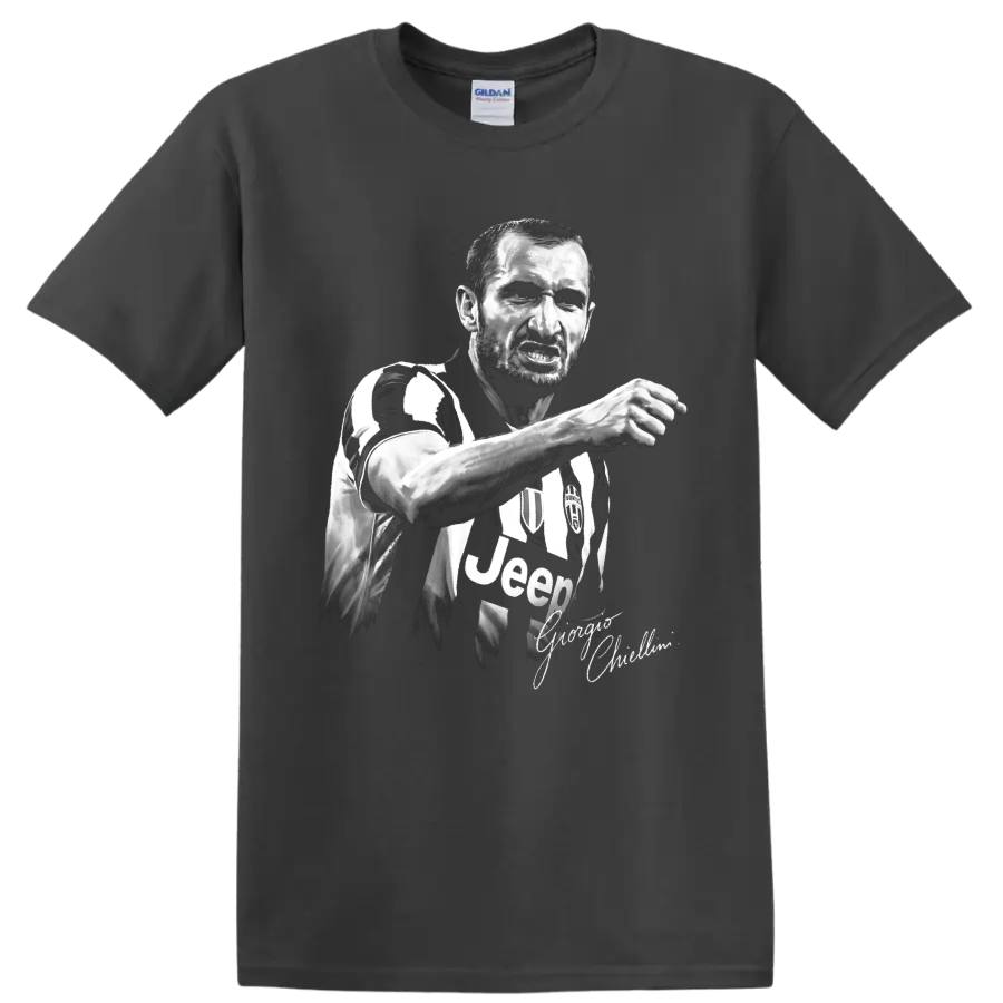 Giorgio Chiellini black-and-white Juventus defender portrait with signature-style script on a Charcoal T Shirt
