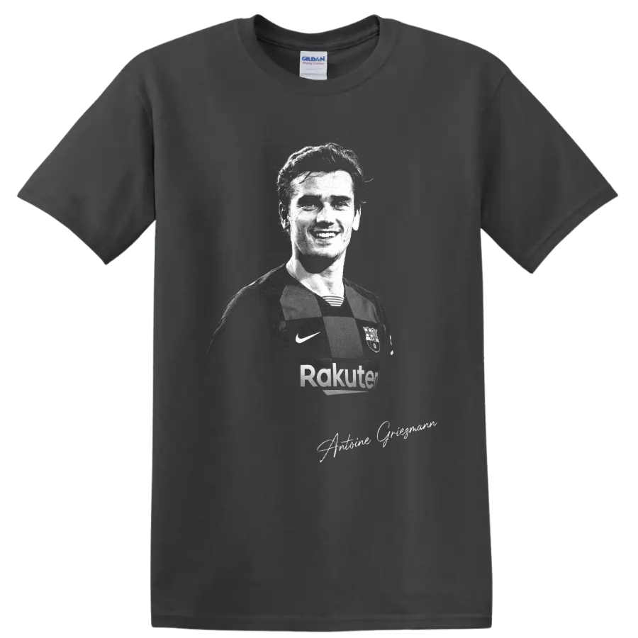 Antoine Griezmann monochrome soccer portrait in Barcelona jersey with signature script on a Charcoal T Shirt
