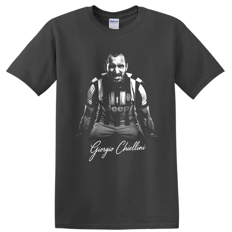 Giorgio Chiellini fierce monochrome Juventus defender portrait with signature-style text on a Charcoal T Shirt