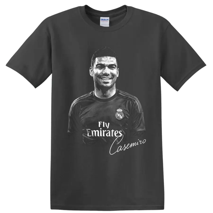 Monochrome Casemiro soccer player portrait with signature-style name accent on a Charcoal T Shirt