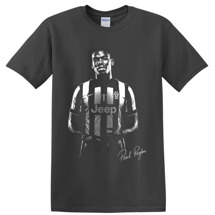 Paul Pogba Juventus striped jersey portrait in dramatic monochrome graphic style on a Charcoal T Shirt