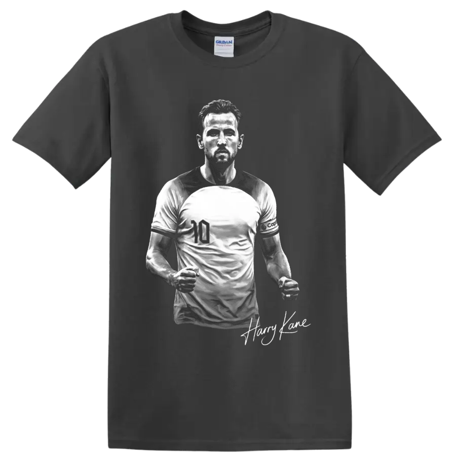 Harry Kane England soccer player portrait with number 10 jersey and signature detail on a Charcoal T Shirt