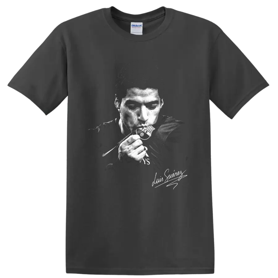 Luis Suárez distressed black-and-white soccer portrait with signature-style detail on a Charcoal T Shirt