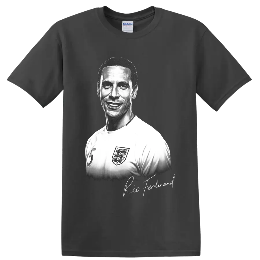 Rio Ferdinand England soccer number 5 portrait with signature-style lettering on a Charcoal T Shirt