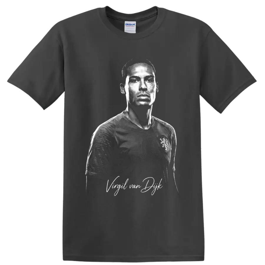 Monochrome illustrated portrait of Virgil van Dijk in a Netherlands soccer jersey on a Charcoal T Shirt