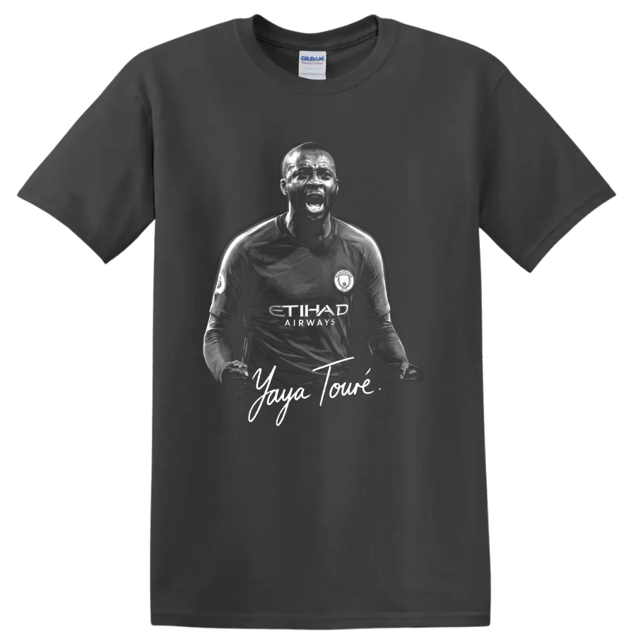 Yaya Touré Manchester City soccer portrait with signature-style lettering on a Charcoal T Shirt