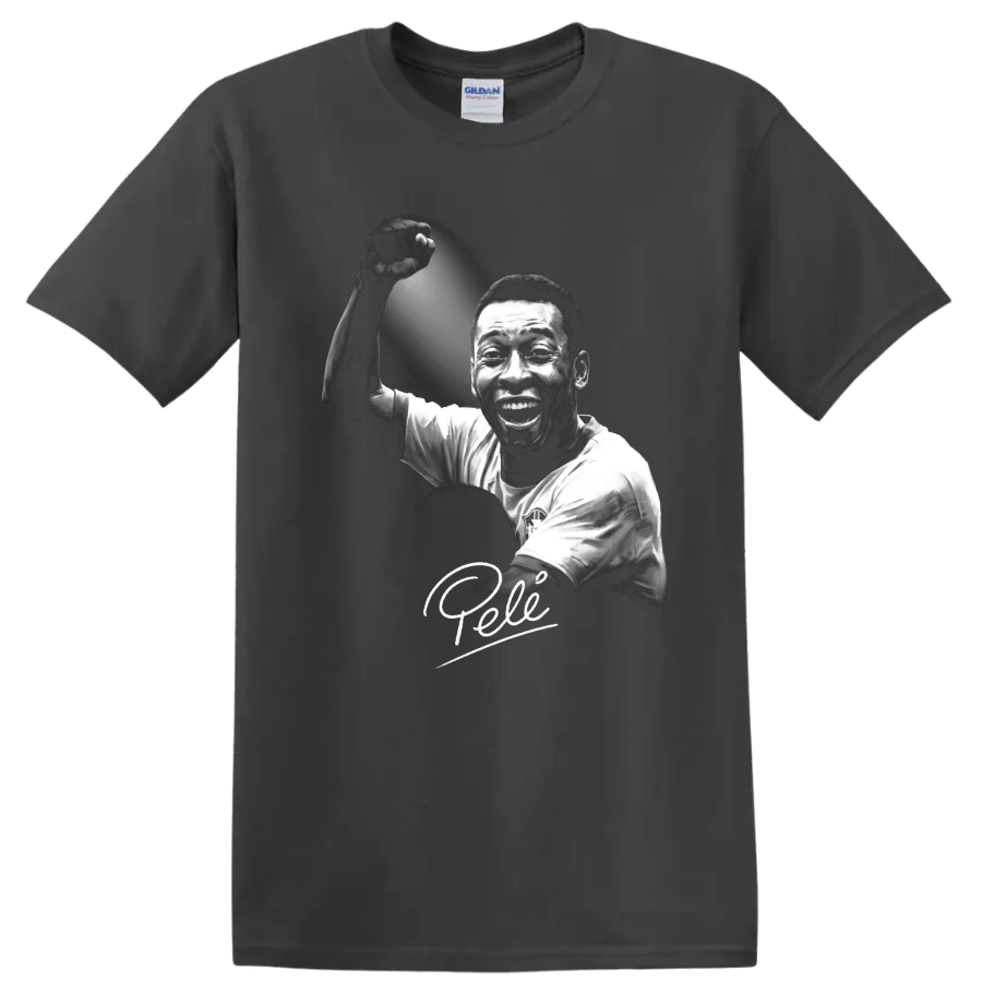 Pelé black-and-white soccer portrait with raised fist and signature-style script on a Charcoal T Shirt
