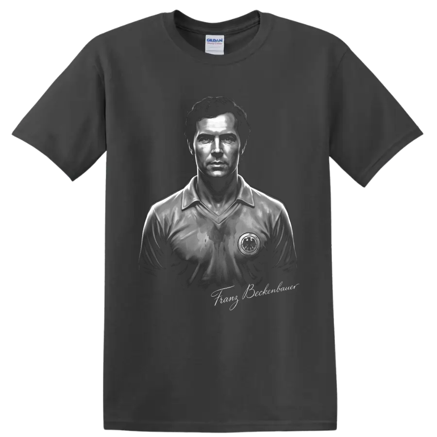 Monochrome Franz Beckenbauer soccer portrait with signature-style lettering on a Charcoal T Shirt