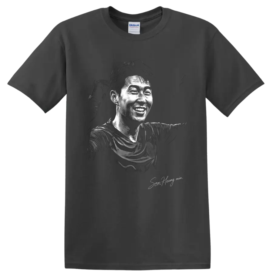 Son Heung-min smiling soccer portrait in high-contrast black-and-white illustration on a Charcoal T Shirt
