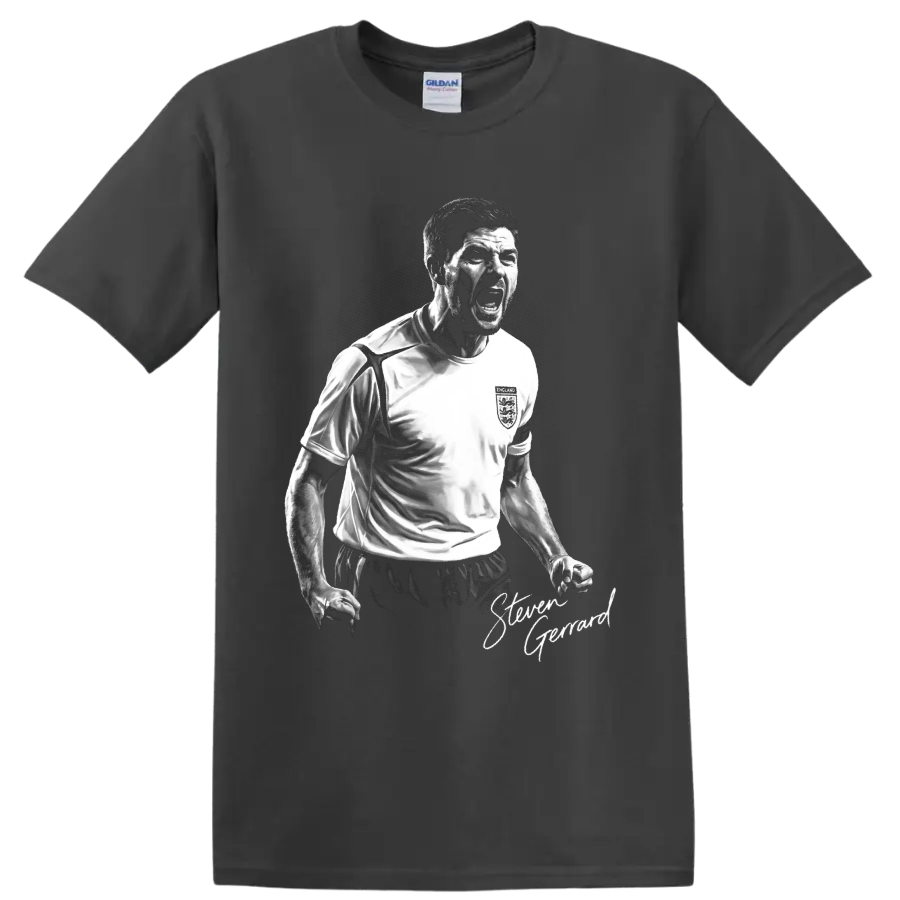 Steven Gerrard England soccer captain black-and-white celebration portrait with signature on a Charcoal T Shirt