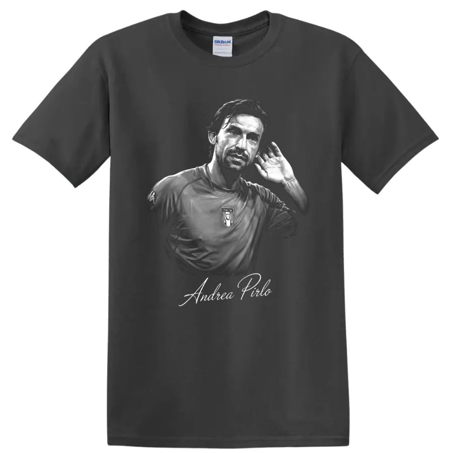 Andrea Pirlo Italy soccer portrait with raised-hand gesture and signature lettering on a Charcoal T Shirt