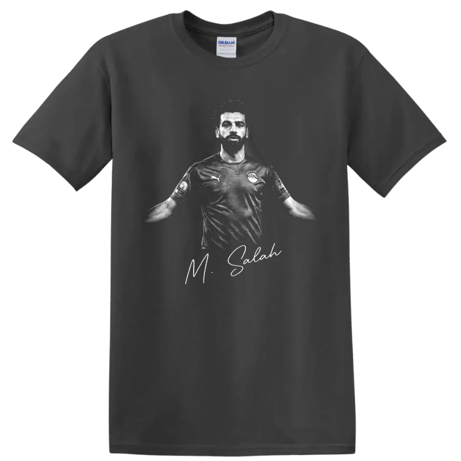 Mohamed Salah grayscale soccer portrait with signature-style lettering on a Charcoal T Shirt