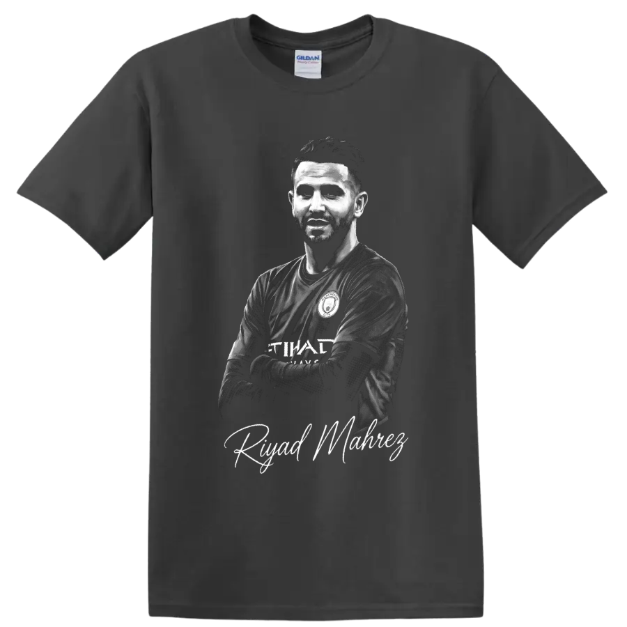 Riyad Mahrez monochrome soccer portrait with signature-style name lettering on a Charcoal T Shirt