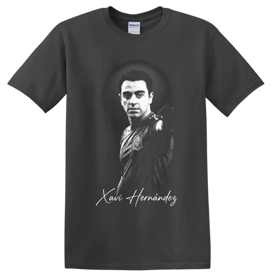 Xavi Hernández grayscale Spain soccer portrait with signature-style script on a Charcoal T Shirt