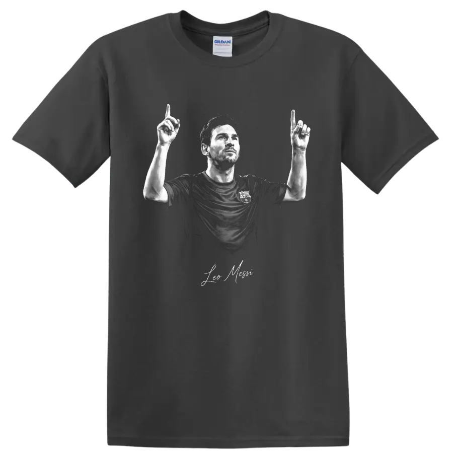 Lionel Messi monochrome soccer portrait with raised hands and signature-style lettering on a Charcoal T Shirt