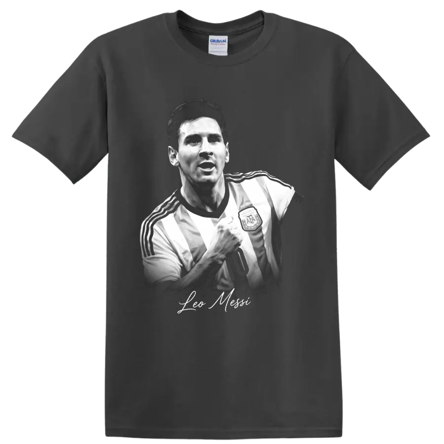 Lionel Messi Argentina soccer portrait with raised fist and signature-style name on a Charcoal T Shirt