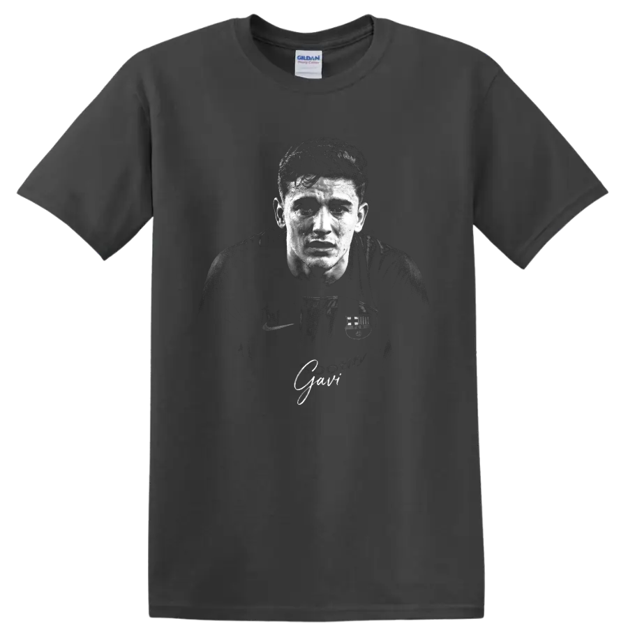 Pablo Gavi FC Barcelona black-and-white distressed soccer portrait with signature text on a Charcoal T Shirt