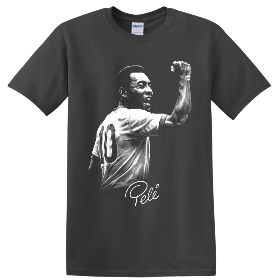 Black-and-white Pelé number 10 soccer portrait with raised fist and signature on a Charcoal T Shirt