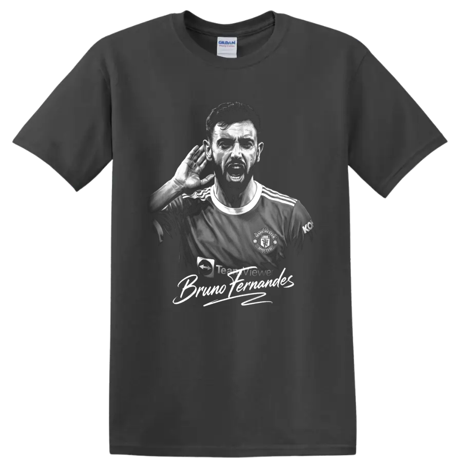 Bruno Fernandes monochrome soccer portrait with hand-to-ear pose and signature lettering on a Charcoal T Shirt
