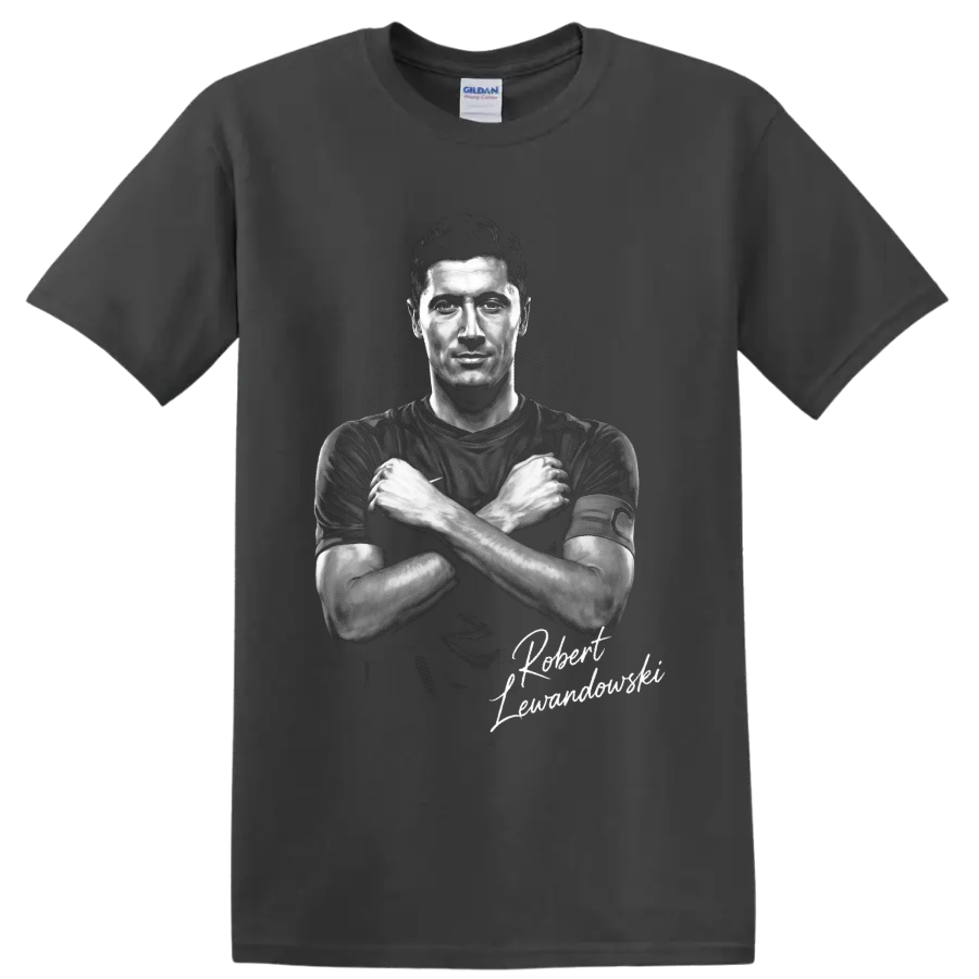 Robert Lewandowski crossed-arms grayscale soccer portrait with script signature on a Charcoal T Shirt