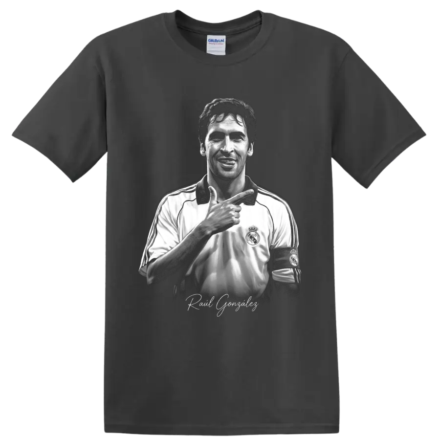 Raúl González grayscale Real Madrid captain portrait with signature-style lettering on a Charcoal T Shirt
