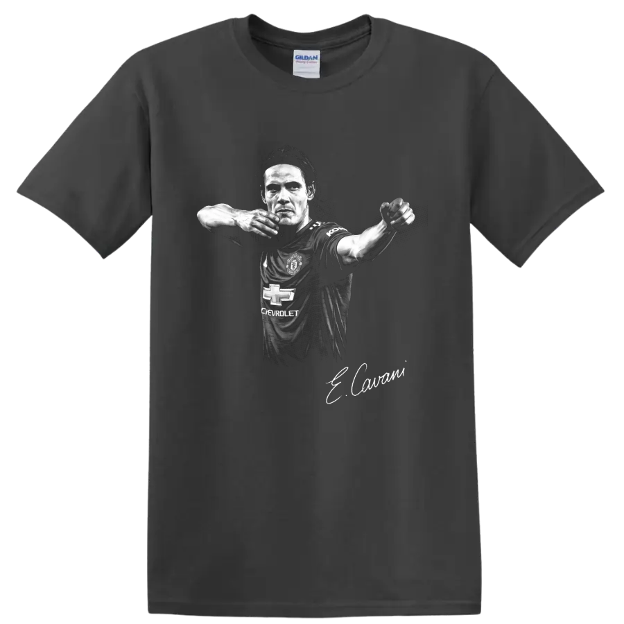 Edinson Cavani Manchester United soccer portrait in black-and-white illustrated style on a Charcoal T Shirt