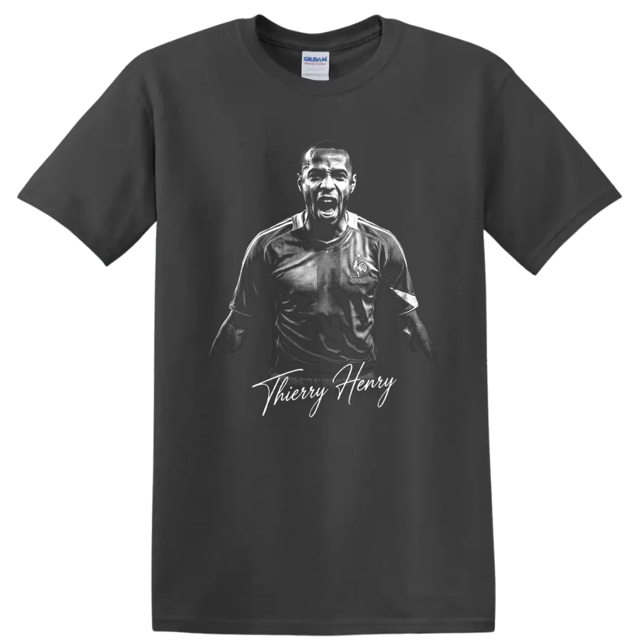 Thierry Henry France soccer celebration portrait with signature-style lettering on a Charcoal T Shirt