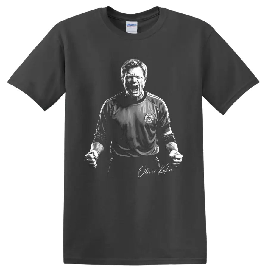 Oliver Kahn roaring goalkeeper portrait in dramatic black-and-white illustration on a Charcoal T Shirt
