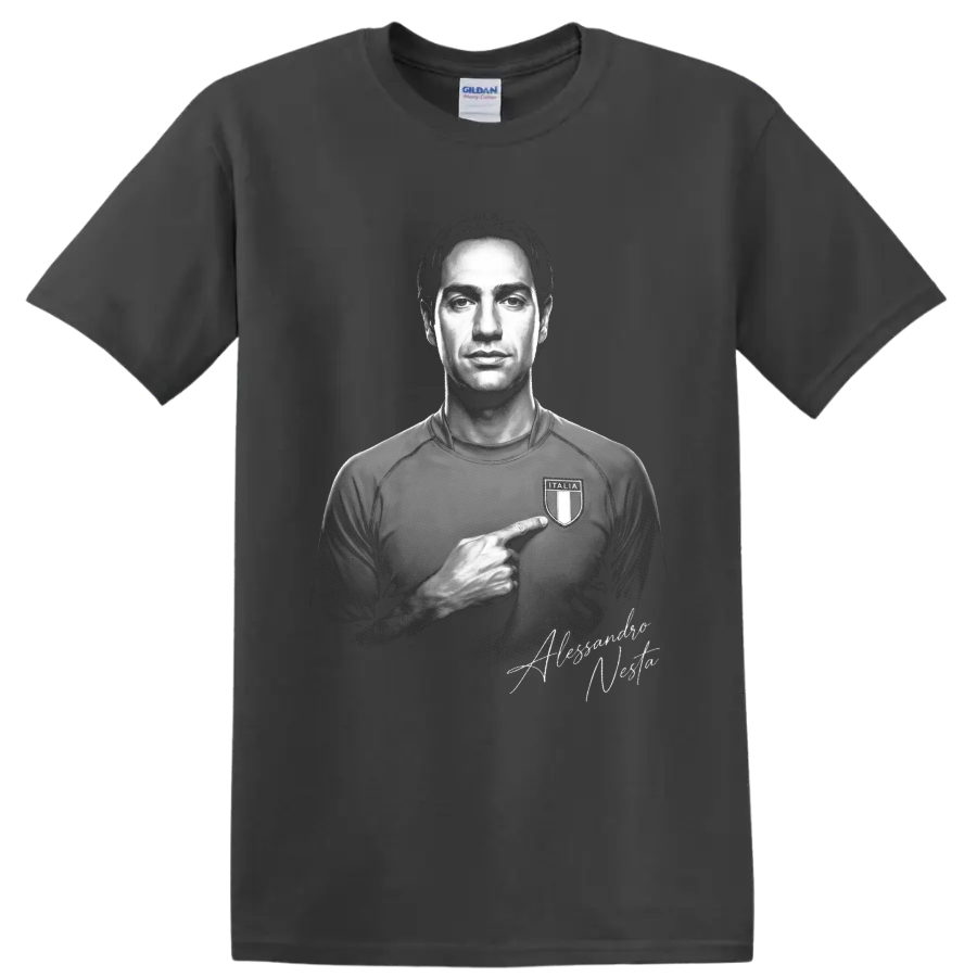 Alessandro Nesta monochrome Italy soccer portrait pointing to an Italia crest on a Charcoal T Shirt
