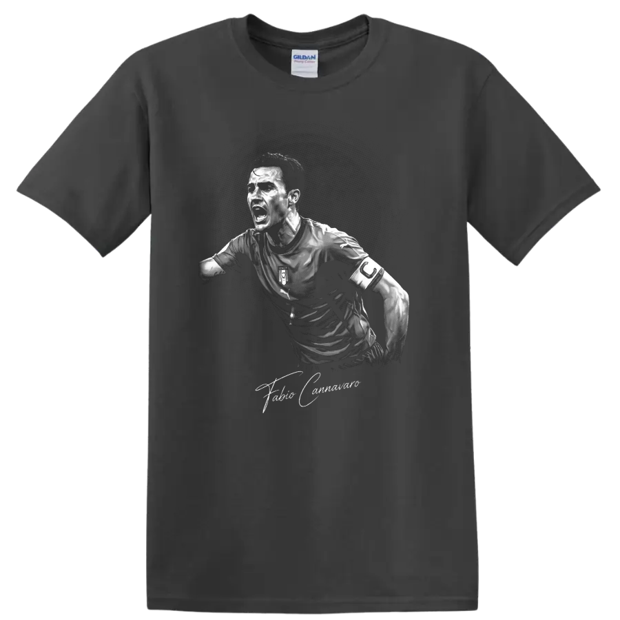 Fabio Cannavaro monochrome Italy soccer captain portrait with signature text on a Charcoal T Shirt