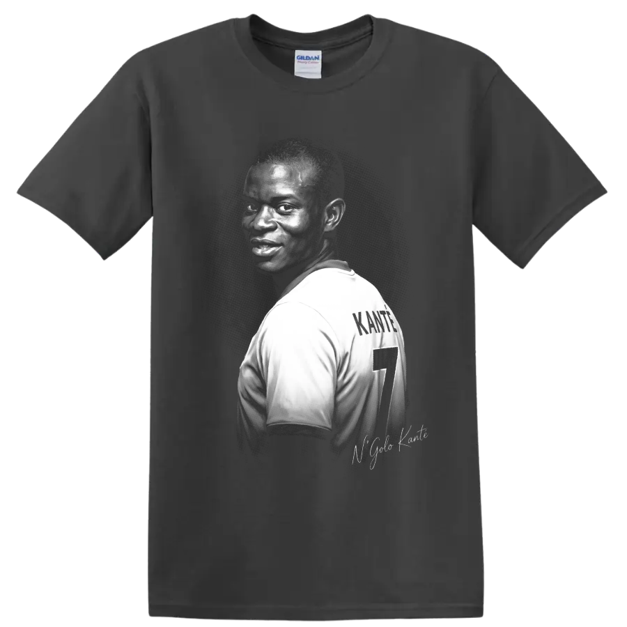 N'Golo Kanté soccer midfielder portrait with number 7 jersey in monochrome graphic art on a Charcoal T Shirt