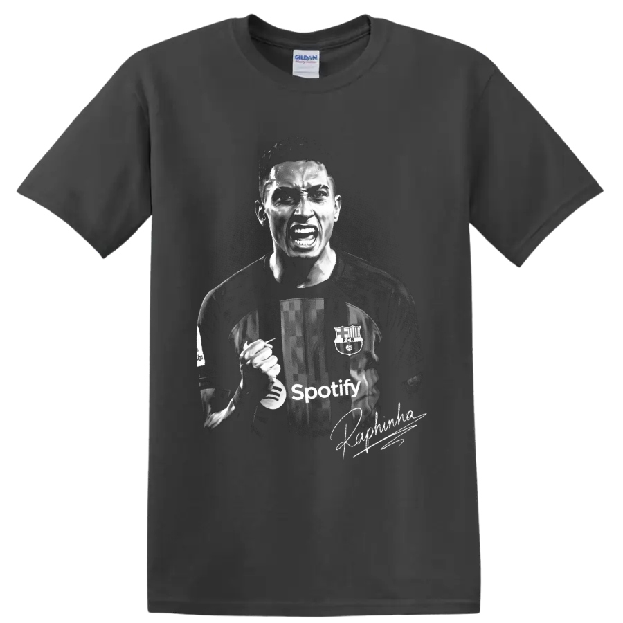 Raphinha Barcelona soccer celebration portrait in gritty monochrome with signature-style on a Charcoal T Shirt